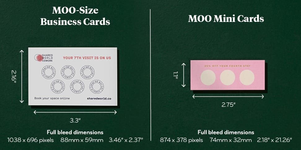Graphics showing how you can design a MOO-size buisness card and a mini card to be loyalty cards.